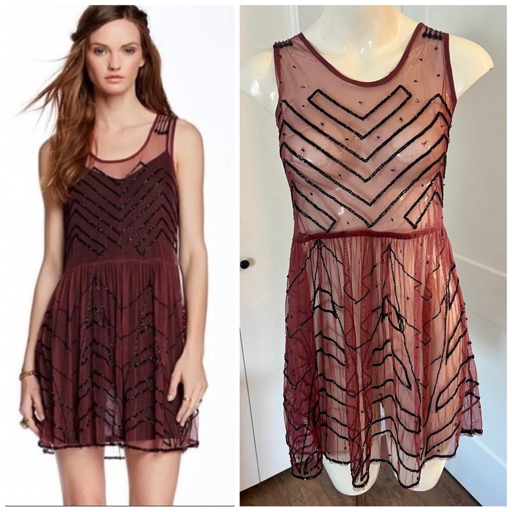 Free People Sheer Mesh Burgundy Beaded Tunic Dress Size XS